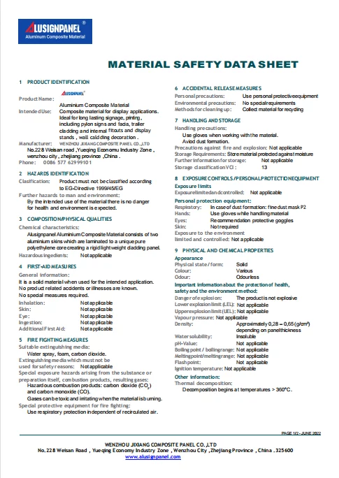MSDS Material Safety Data Sheet Aluminum Composite